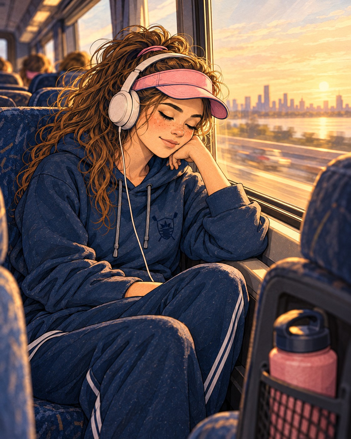 Sally in a bus window seat at sunrise, headphones on, eyes closed, calm