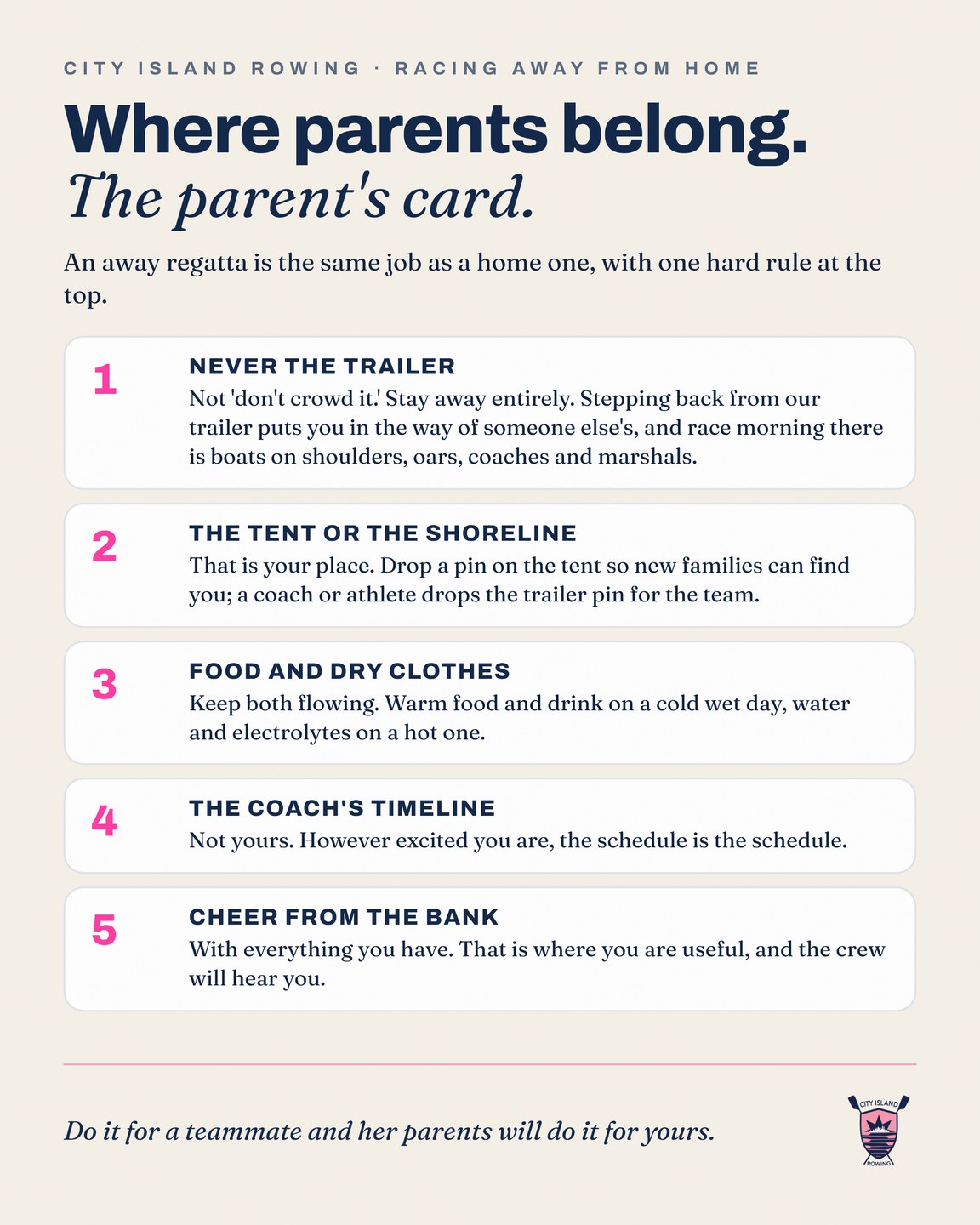 The parent's card: never the trailer, the tent or the shoreline, food and dry clothes, the coach's timeline, cheer from the bank