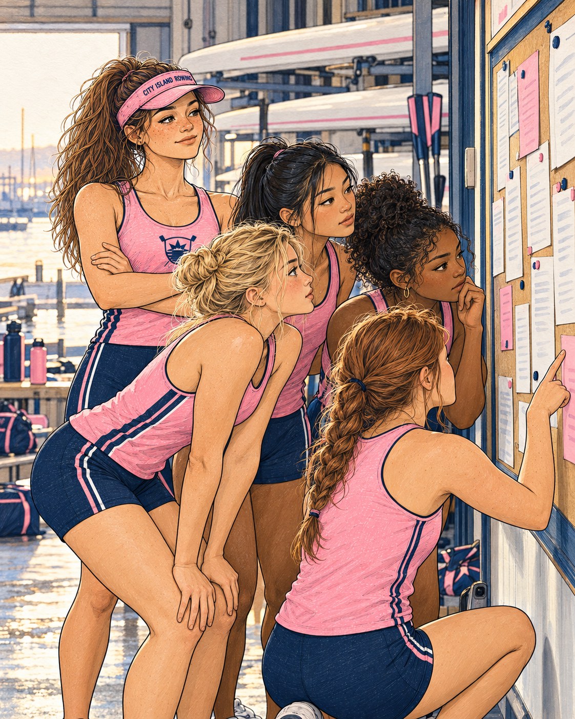 Rowers crowding the lineup board on the boathouse wall at dawn, Sally at the back, calm
