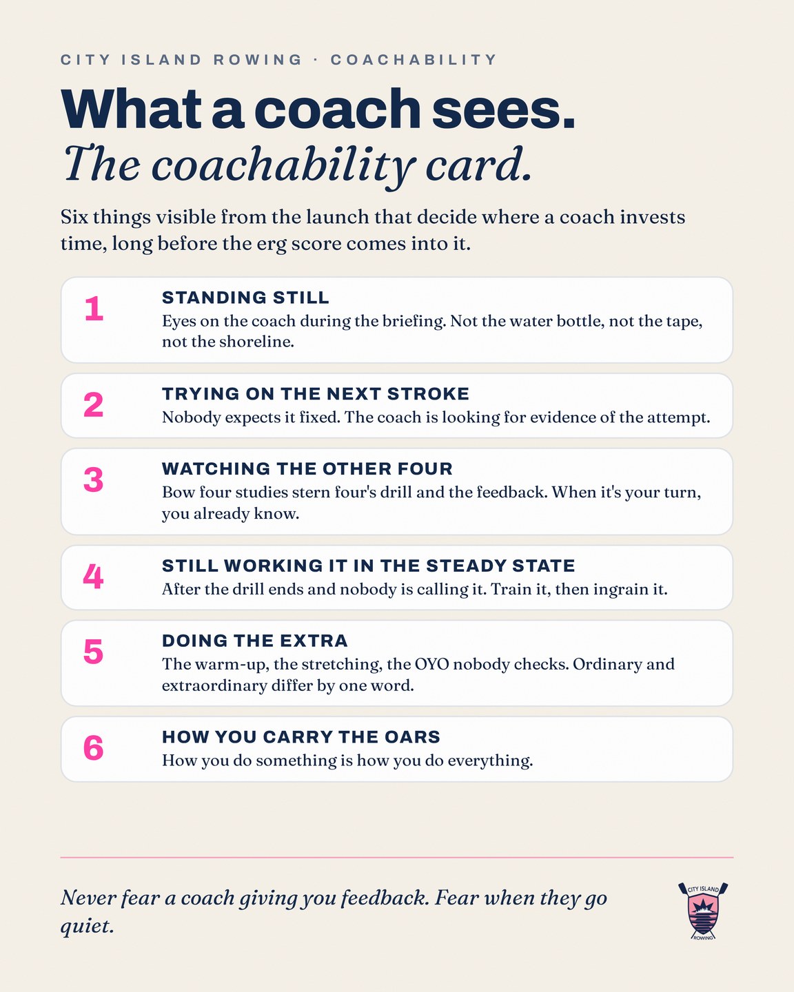 The coachability card: standing still, trying on the next stroke, watching the other four, still working it in the steady state, doing the extra, how you carry the oars