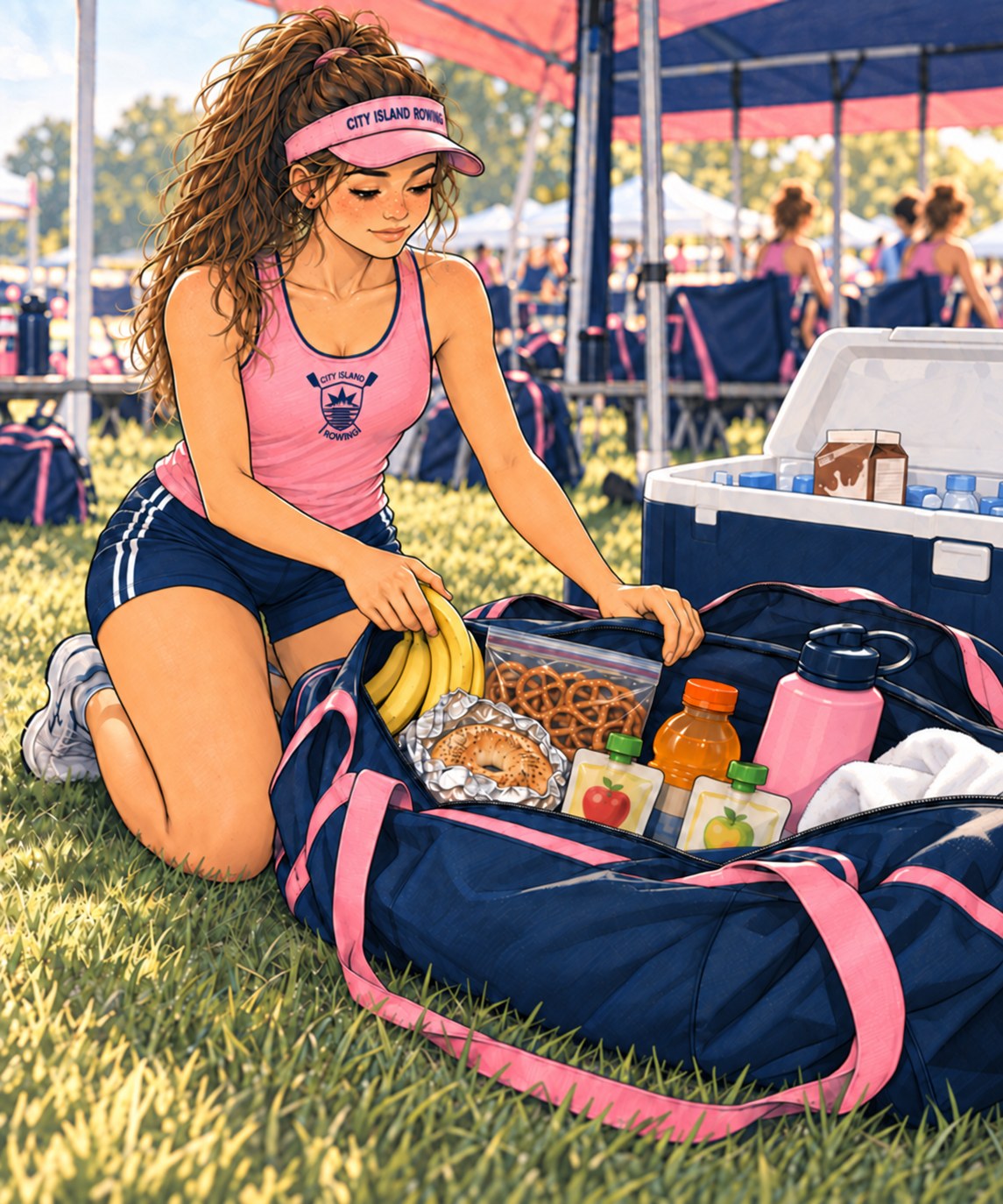 Sally kneeling at the tent beside her open race bag: bananas, pretzels, a bagel in foil, applesauce pouches, a sports drink, a water bottle, chocolate milk in the cooler behind