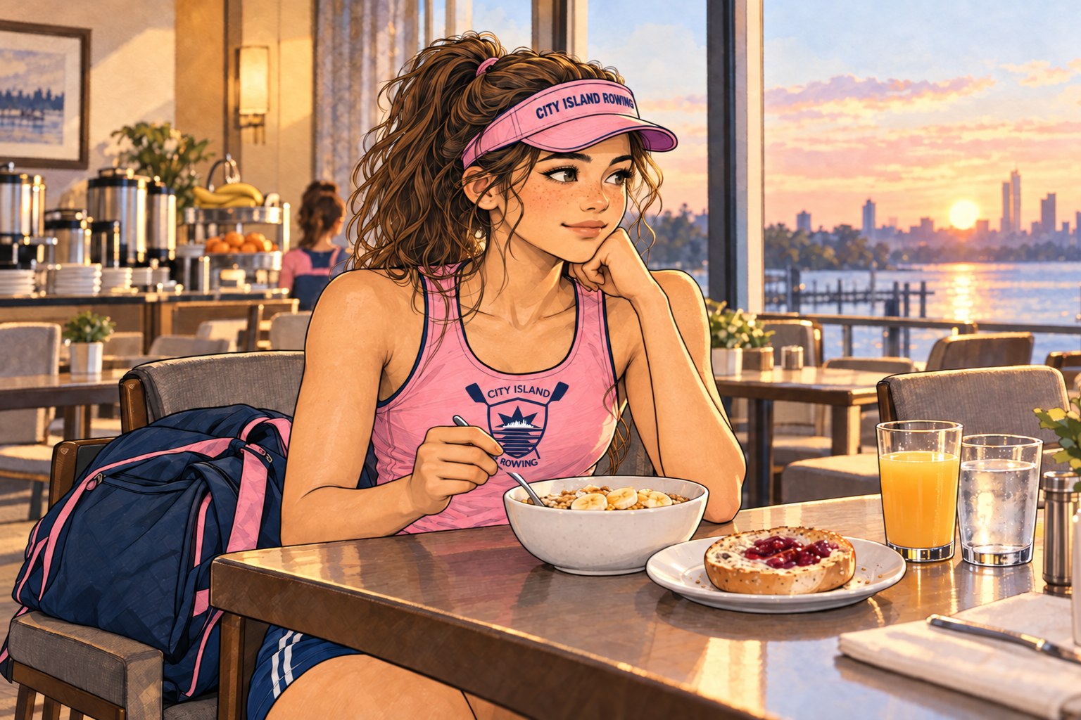 Sally at the hotel breakfast table on race morning