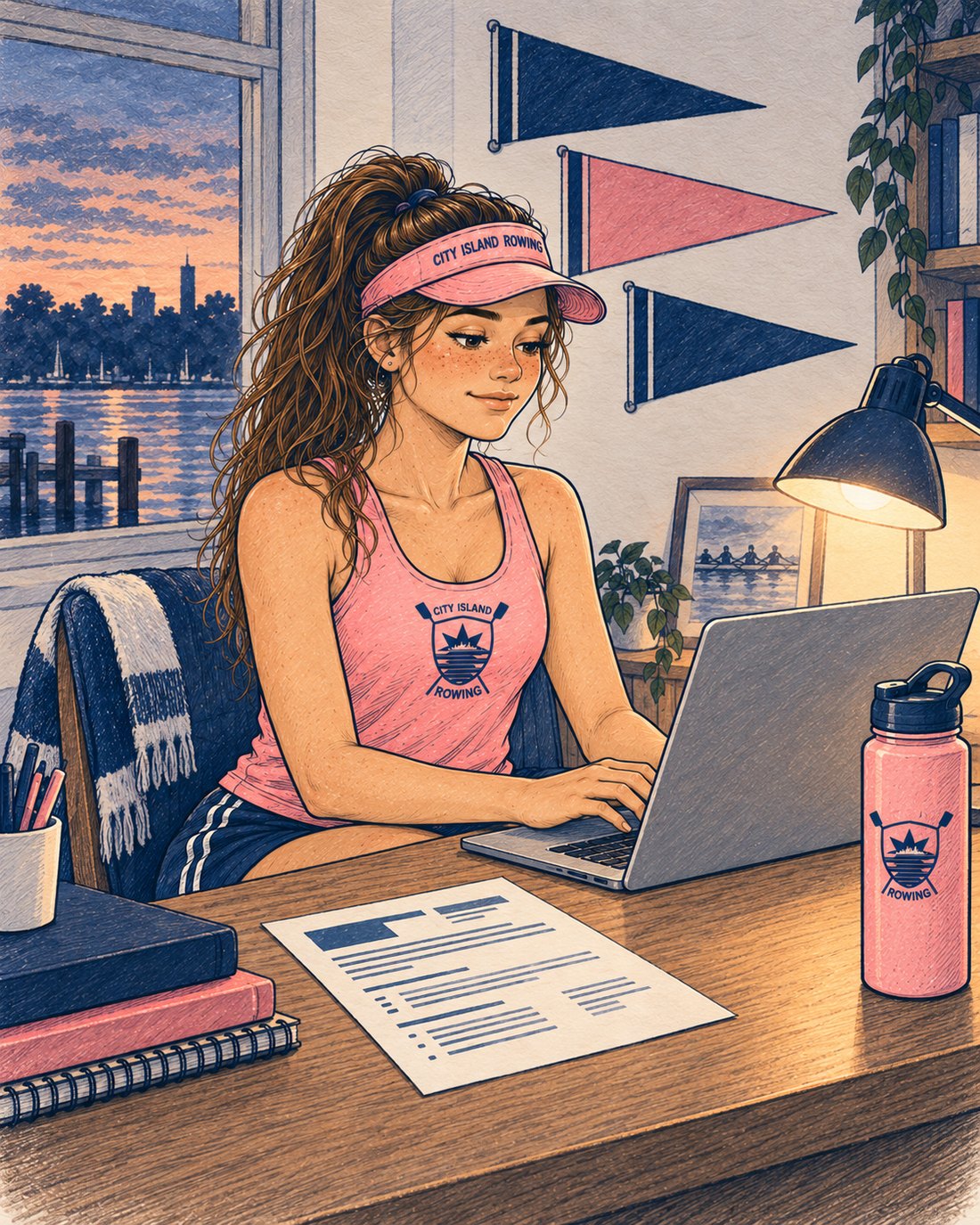 Illustration of a CIR athlete at her desk in the evening, writing introduction letters to college coaches on her laptop