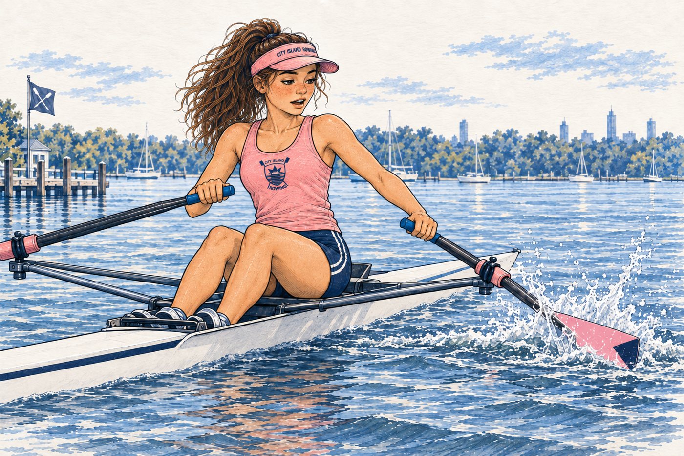 Sally in a single, blade buried mid-stroke, catching a crab