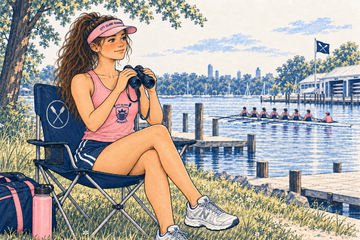 Sally in a camp chair on the bank with binoculars, an eight passing on the water