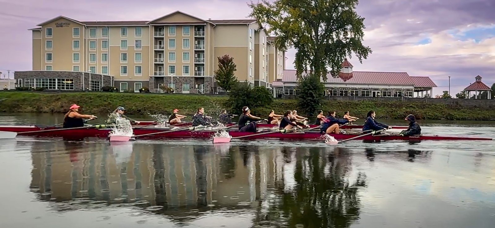 Both varsity eights on flat water at Saturday practice on the Mohawk